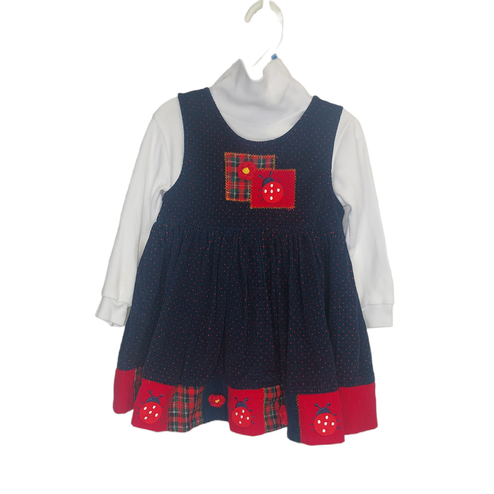 Samara Girls Corduroy Dress Blue red with ladybugs knit flower 4T